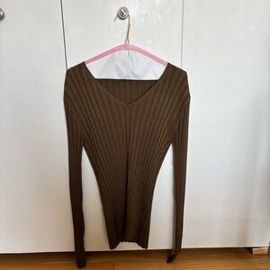 & Other Stories Brown Ribbed V-Neck Top